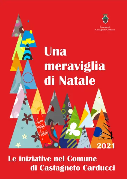 immagine della prima pagina del depliant tutto rosso con tanti alberi di natale stilizzati